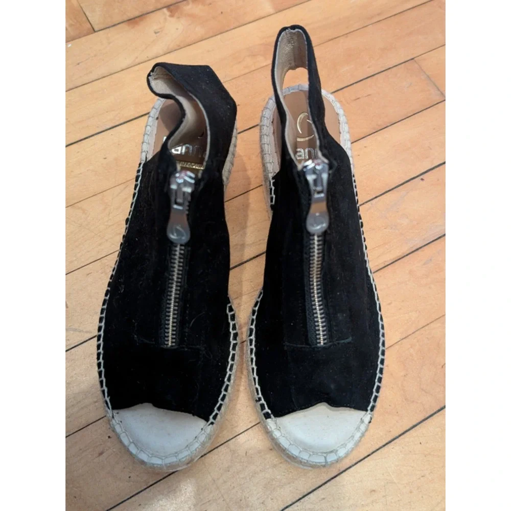 Kanna Womens Moira‎ Sandals Black Suede Wedge Espadrilles Sandals Size 37